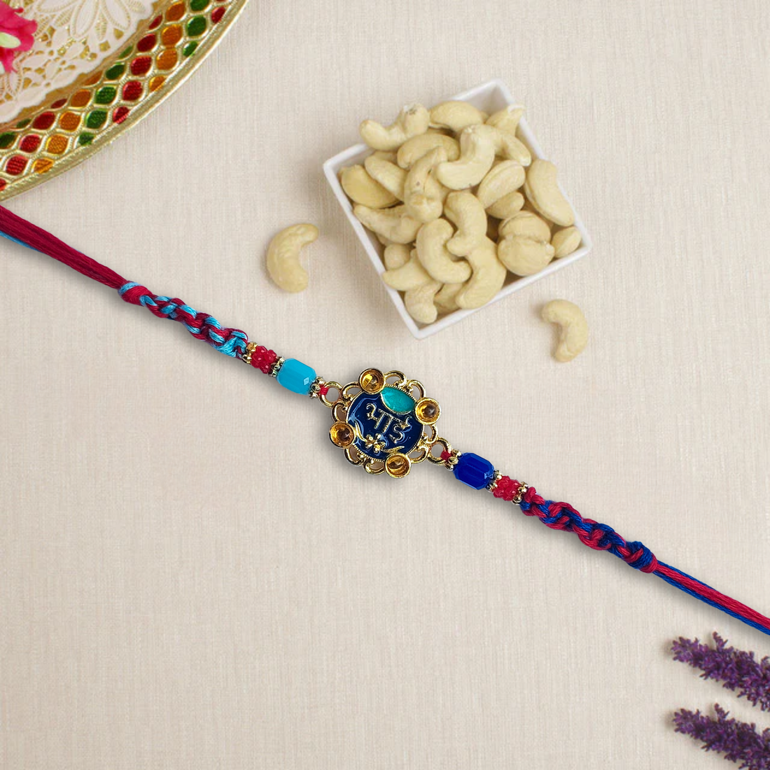 Elegant Blue "Bhai" Rakhi with Premia Kaju, 200 g