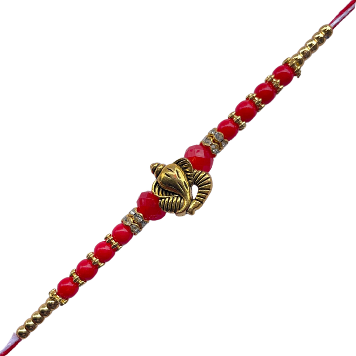 Ganesh Motif Rakhi with Red Beads & Golden Accents