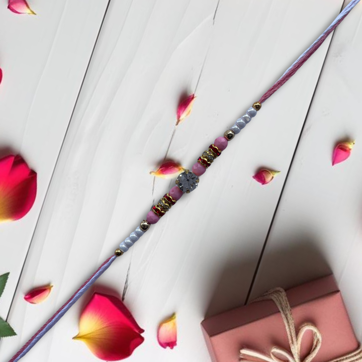 Elegant Light Pink Beaded Rakhi with Stone Centrepiece