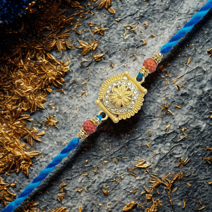 Elegant Rudraksha Rakhi with Golden Floral Dial