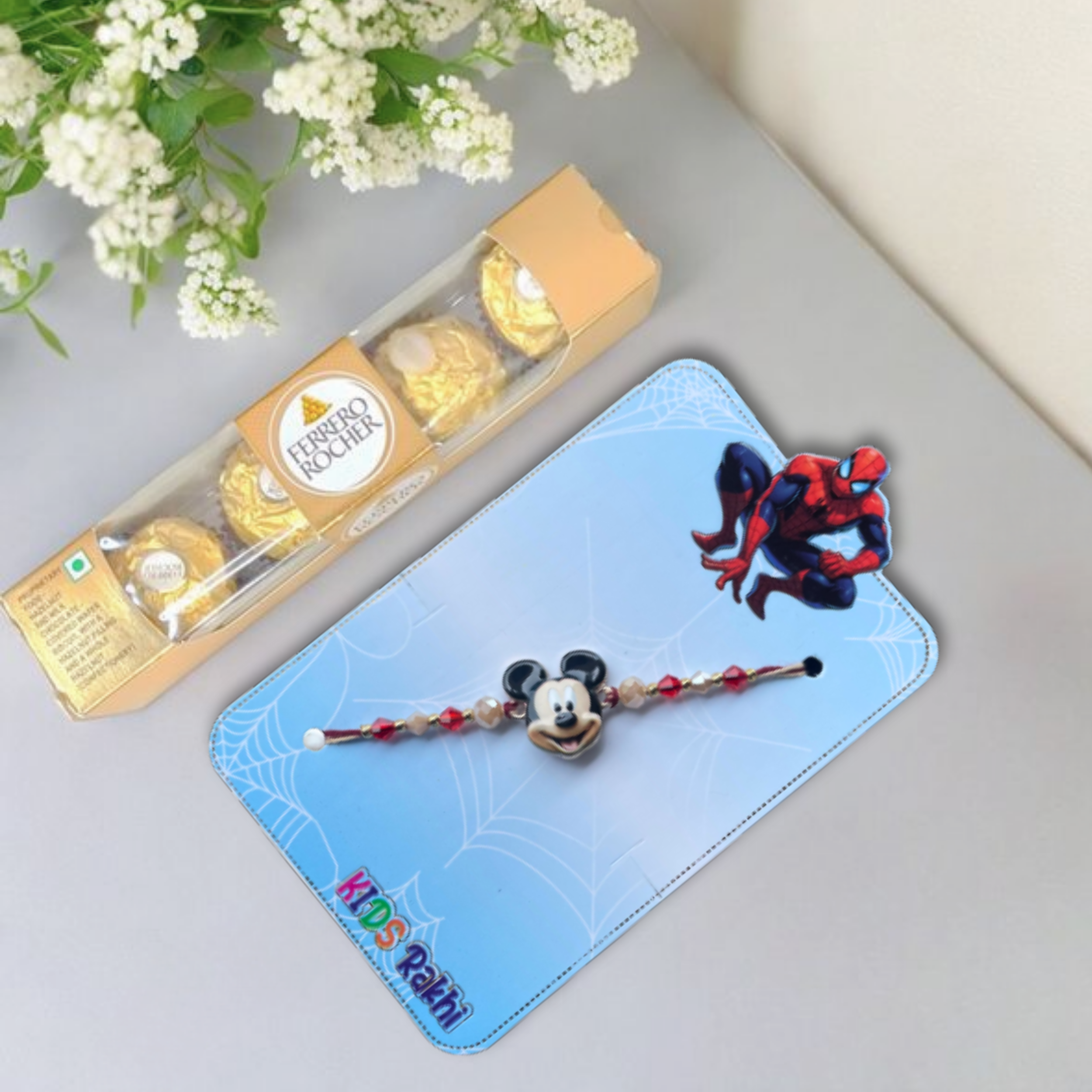 Mickey’s Mischief Thread - Cartoon Beaded Rakhi with Ferrero Rocher Chocolate Gift Pack (4 pieces) , 50 g