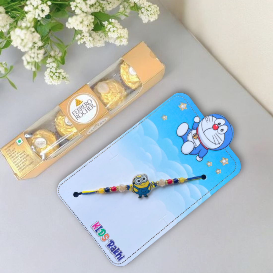 Giggle Guard Minion Rakhi with Ferrero Rocher Chocolate Gift Pack (4 pieces) , 50 g