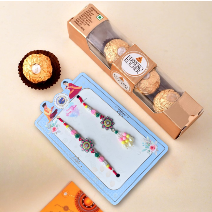 Lotus Leela Floral Rakhi Set with Ferrero Rocher Chocolate Gift Pack (4 pieces) , 50 g