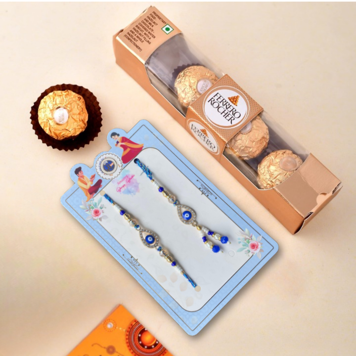 Nazar Raksha - Designer Evil Eye Rakhi with Ferrero Rocher Chocolate Gift Pack (4 pieces) , 50 g