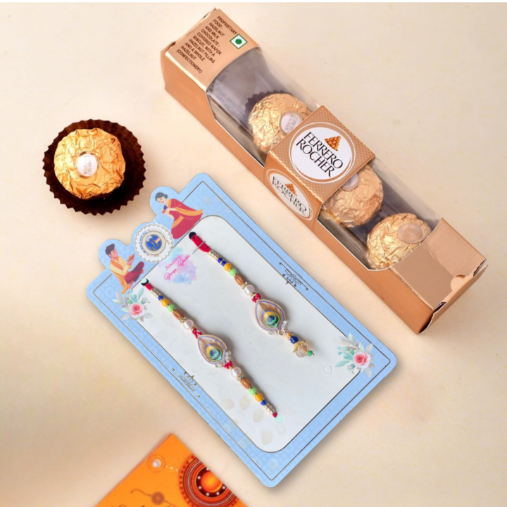 Peacock Bond Rakhi with Ferrero Rocher Chocolate Gift Pack (4 pieces) , 50 g