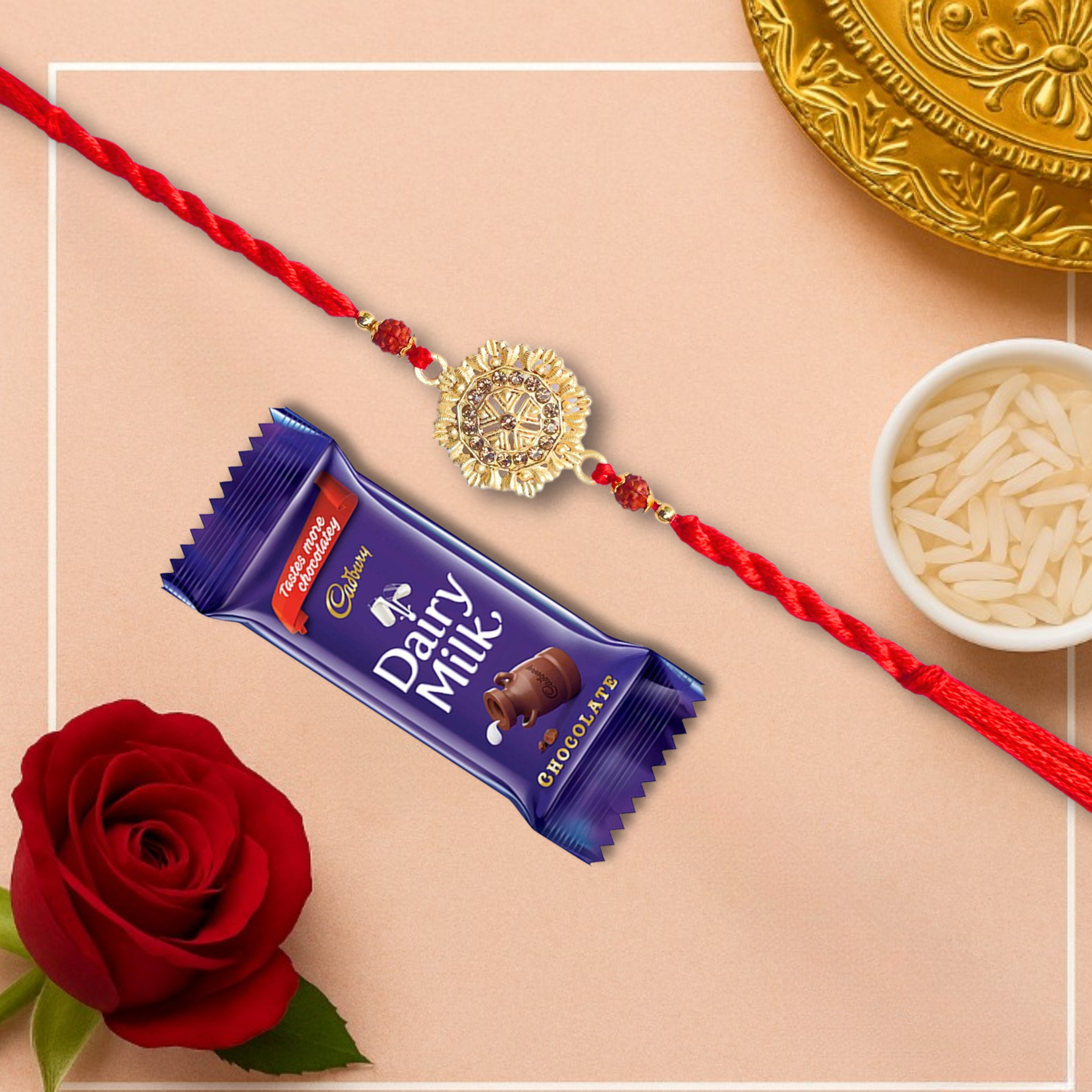 Elegant Golden Kundan Pendant Rakhi with Cadbury Dairy Milk Chocolate Bar , 21 g