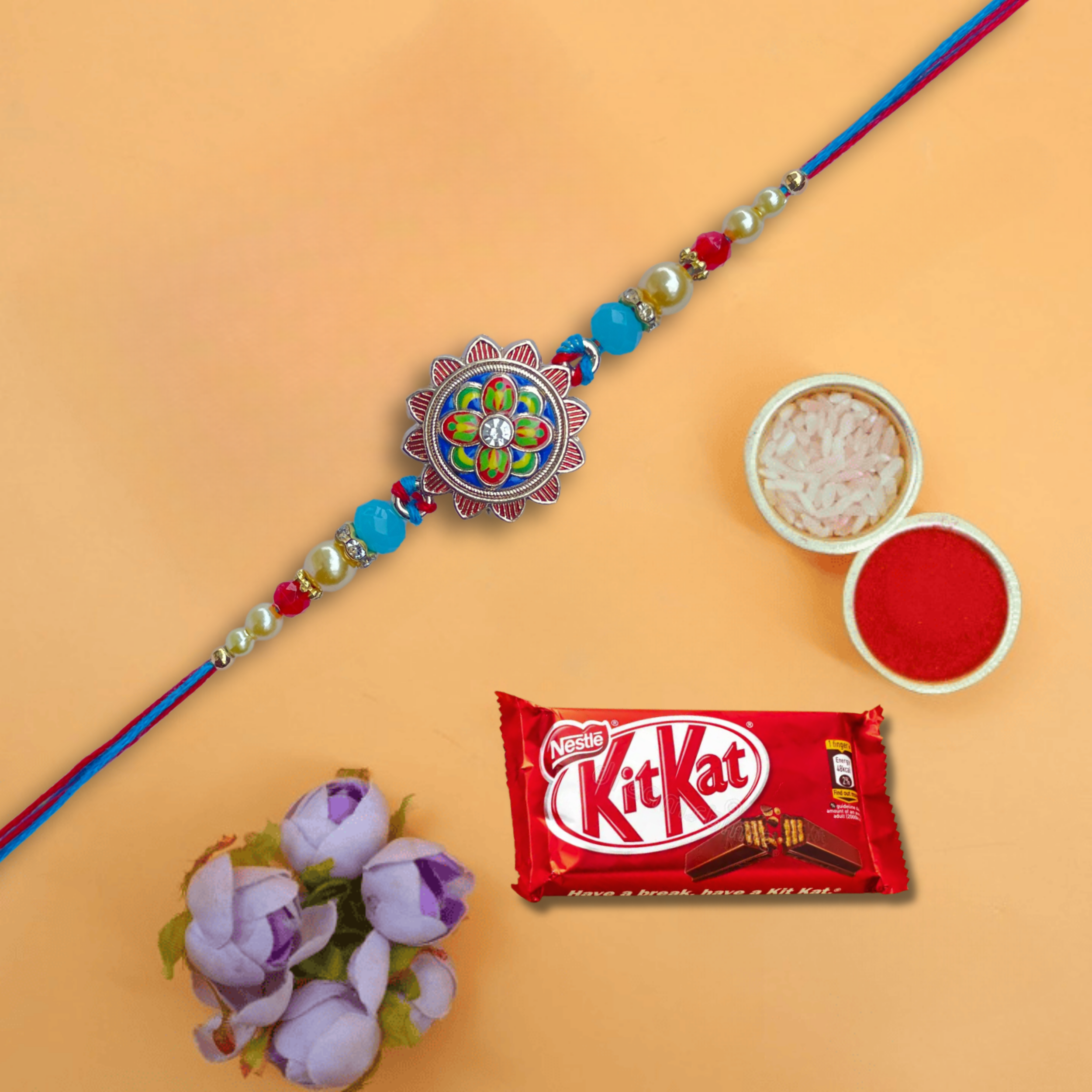Colorful Mandala Rakhi With Nestle Kitkat Choco Coated Wafer Bar , 28.5 g