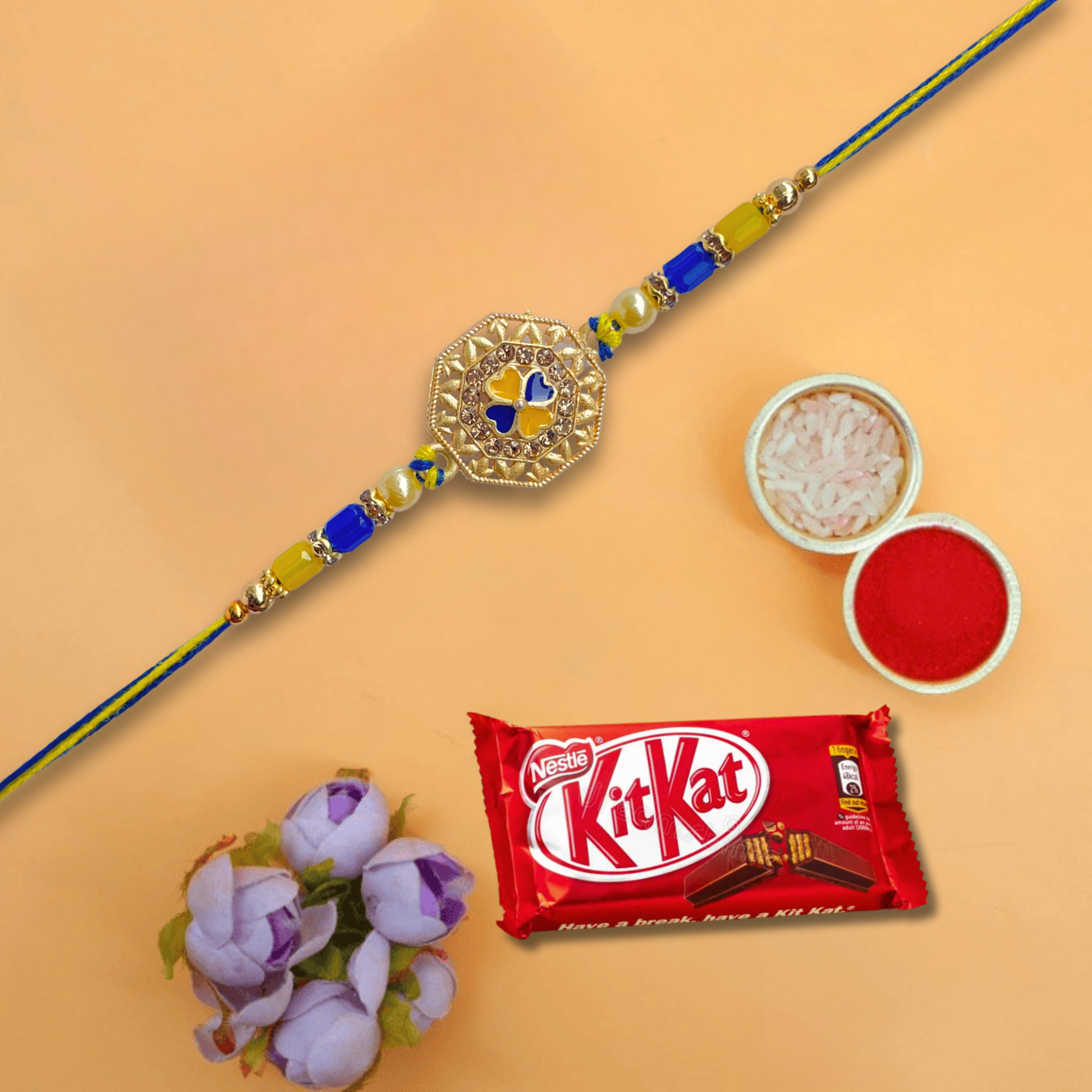 Royal Blue & Gold Octagonal Rakhi With Nestle Kitkat Choco Coated Wafer Bar , 28.5 g