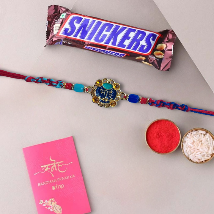 Elegant Blue "Bhai" Rakhi With Snickers Peanut Filled Chocolate Bar, 20 g