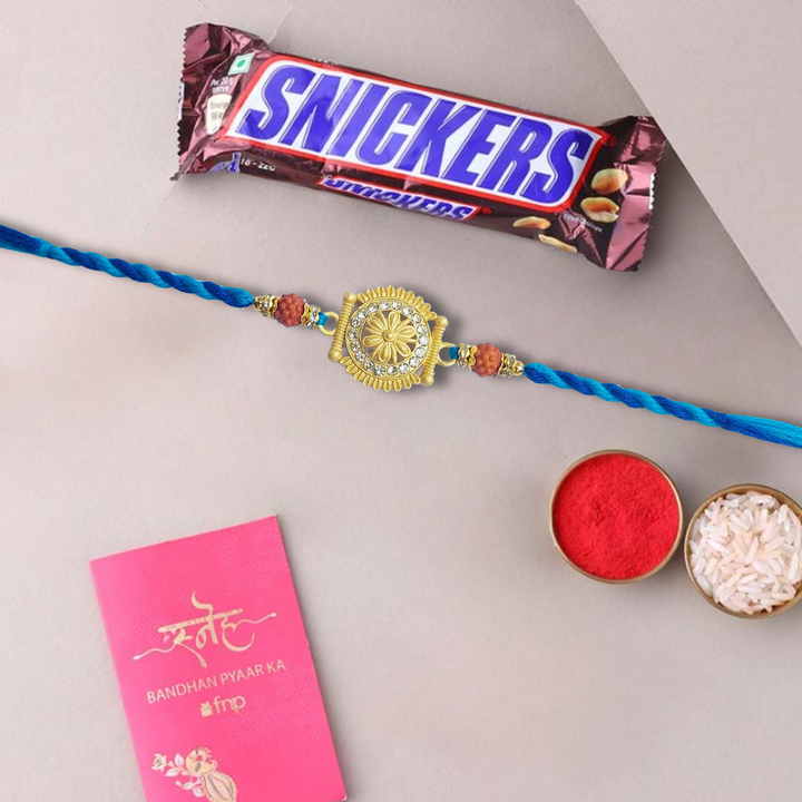 Elegant Rudraksha Rakhi With Snickers Peanut Filled Chocolate Bar, 20 g
