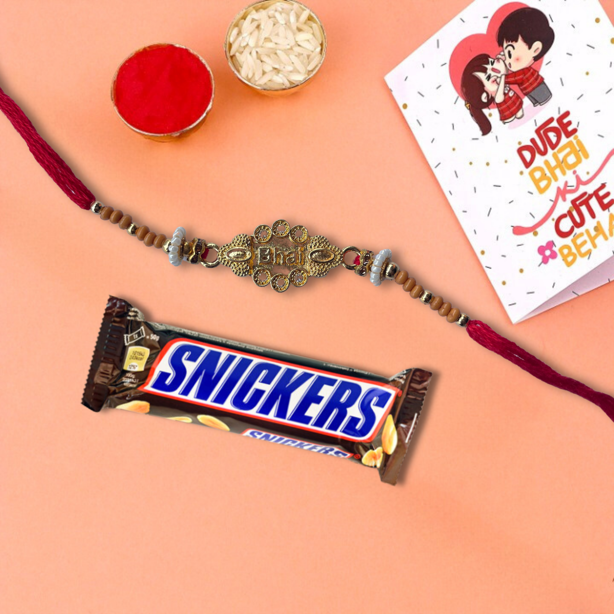 Elegant Rakhi With Snickers Peanut Filled Chocolate Bar, 20 g