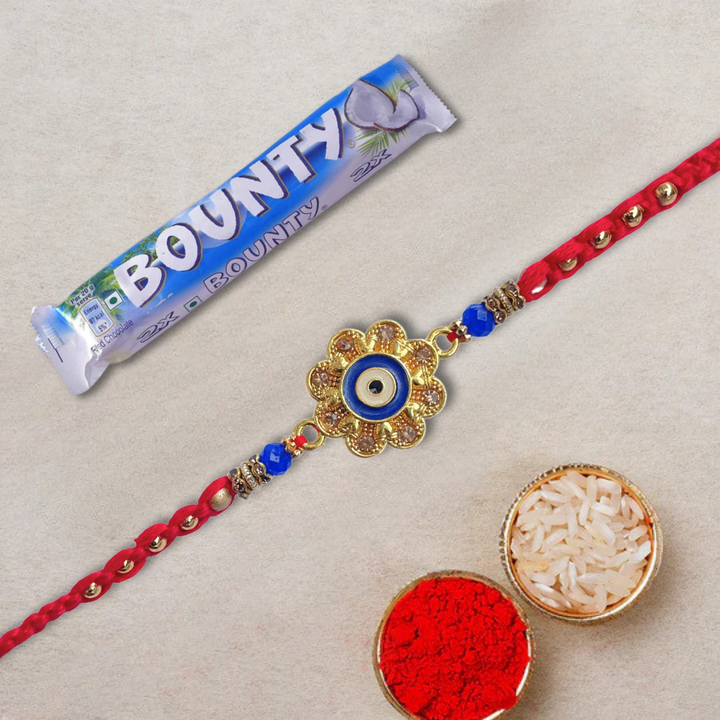 Evil Eye Designer Rakhi with Bounty Milk Chocolate Bar - Coconut Filled, 57 g