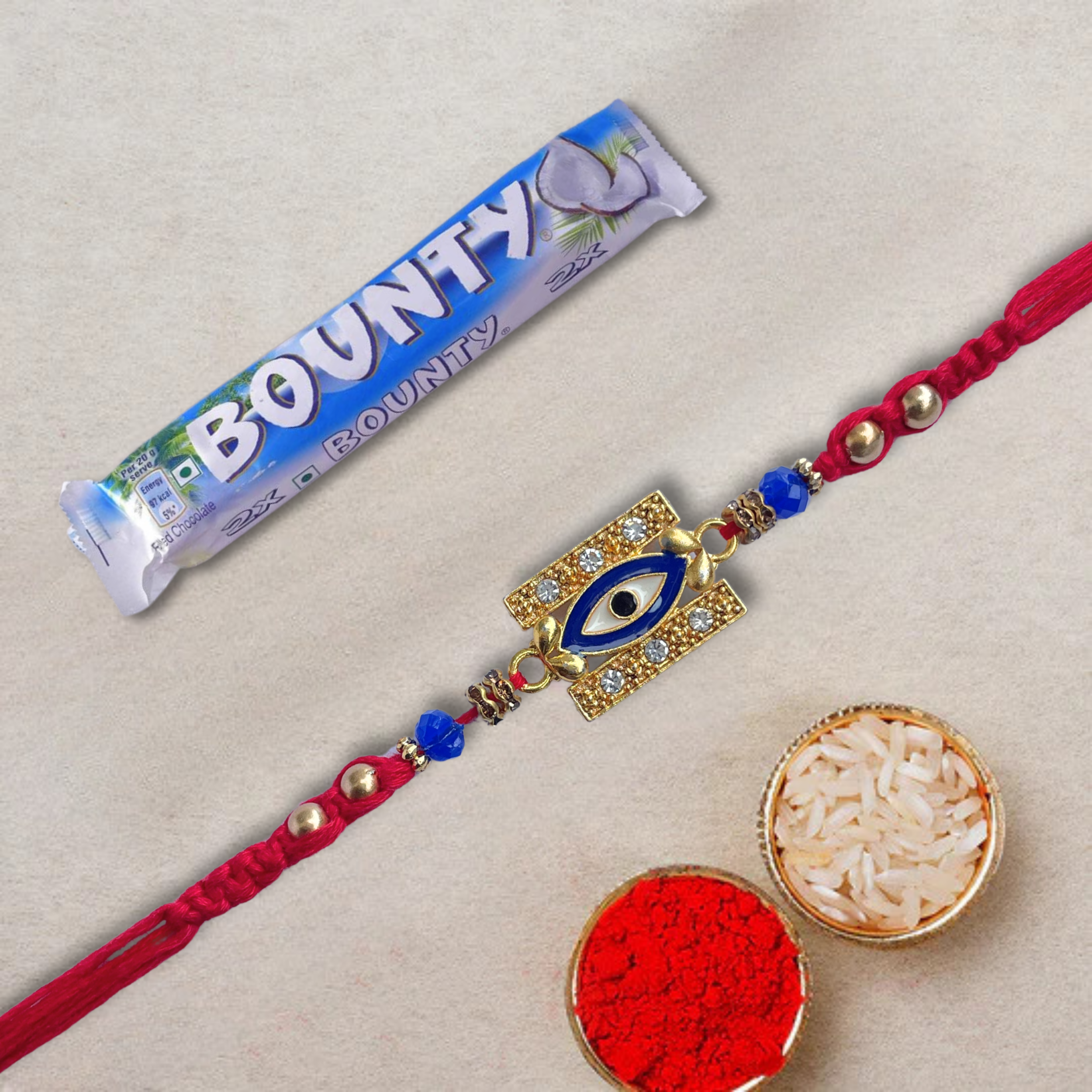 Evil Eye Rakhi with Bounty Milk Chocolate Bar - Coconut Filled, 57 g