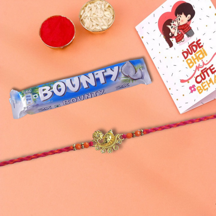 Antique Gold Paisley Rakhi with Bounty Milk Chocolate Bar - Coconut Filled, 57 g