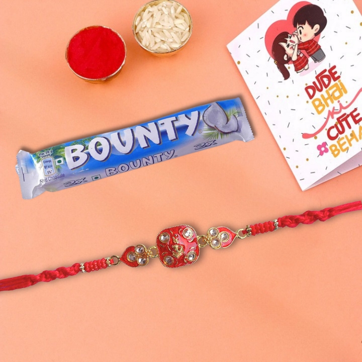Elegant Red Kundan Rakhi with Bounty Milk Chocolate Bar - Coconut Filled, 57 g