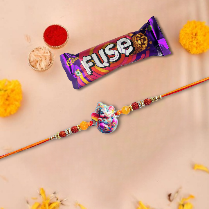 Blessed Ganesha Rakhi With Cadbury Fuse Chocolate Bar, 21 g
