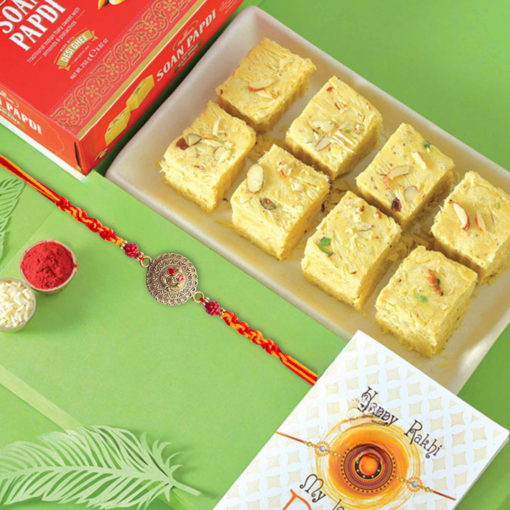 Antique Ganesha Rakhi with Haldiram's Soan Papdi, 250 g Pouch