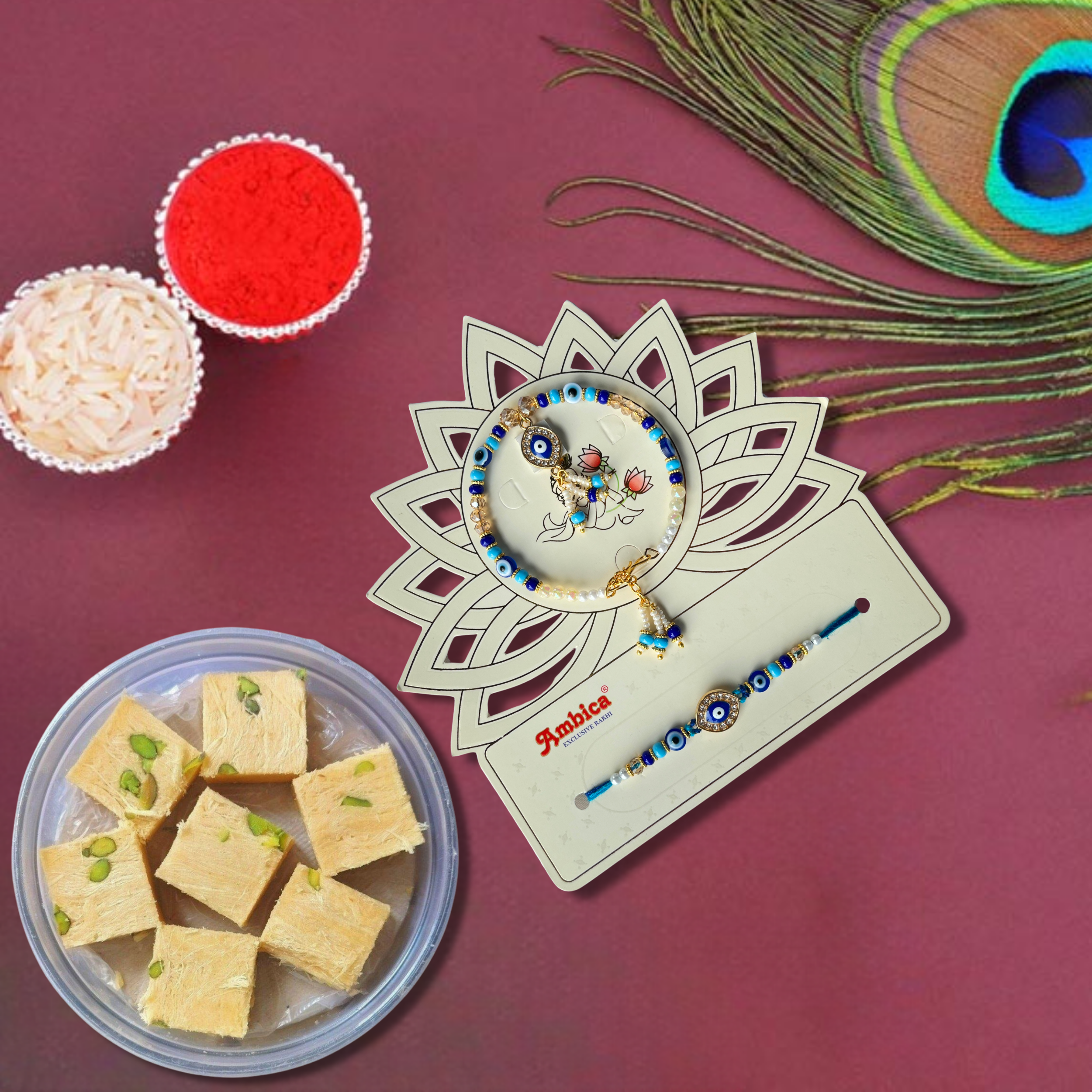 Raksha Chakra - Evil Eye Guardian Rakhi with Haldiram's Soan Papdi, 250 g Pouch