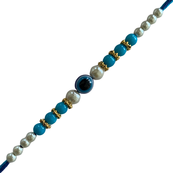 Blue Beaded Pearl Rakhi with Evil Eye Charm