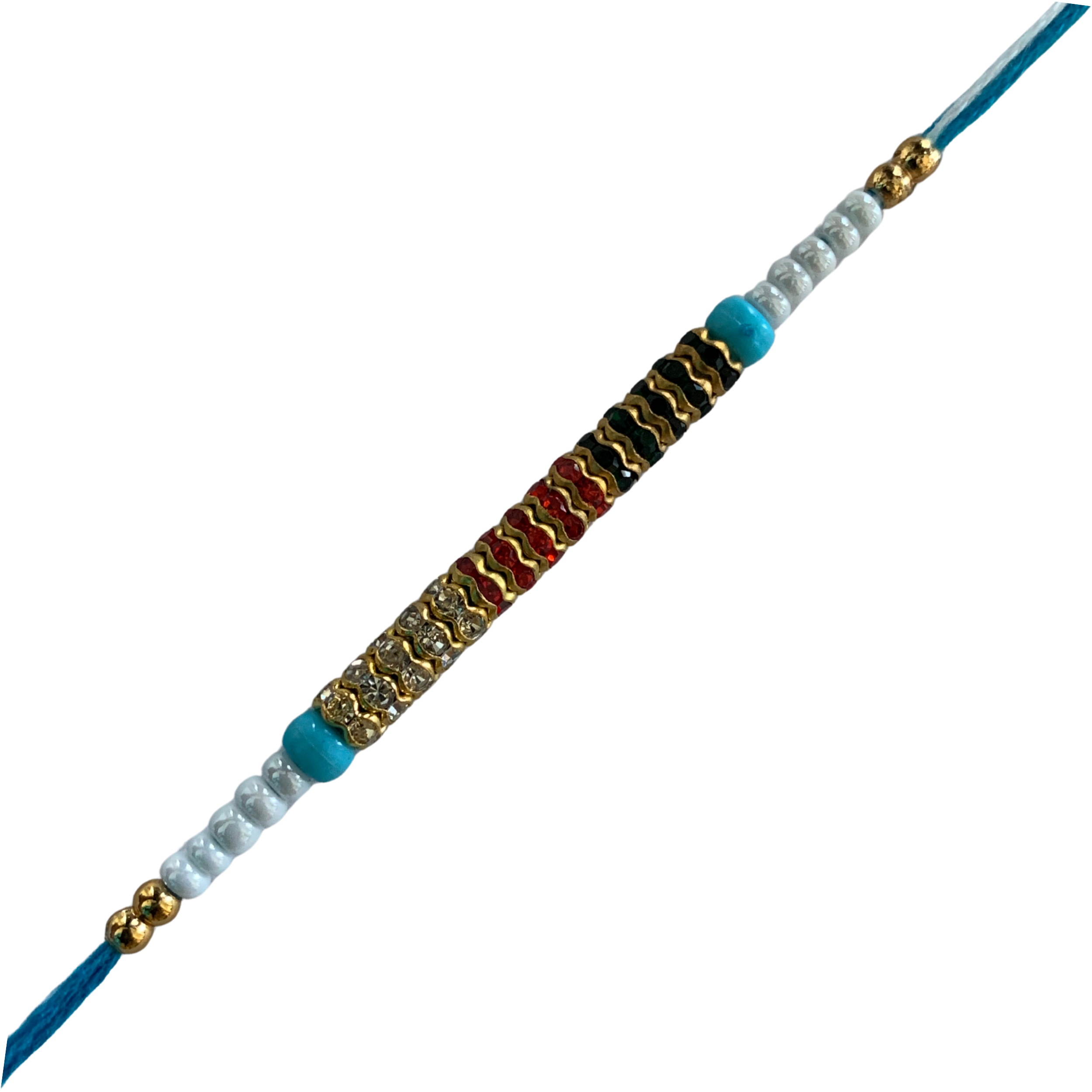 Multicolor Threaded Rakhi with Golden Rings and Blue Thread