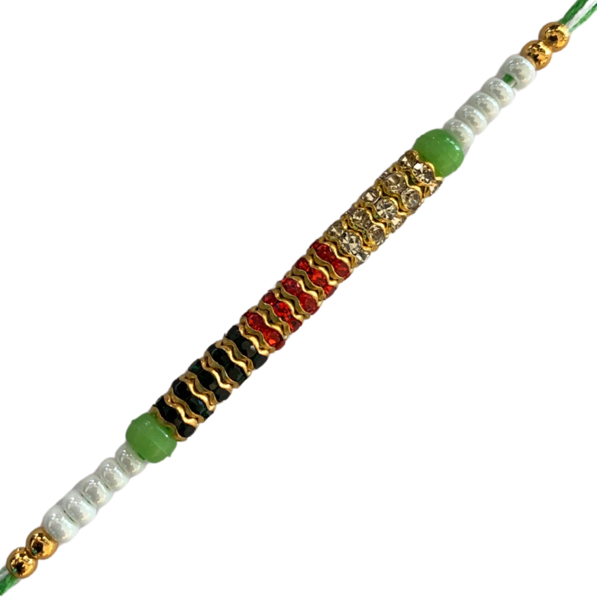 Multicolor Threaded Rakhi with Golden Rings and Green Thread