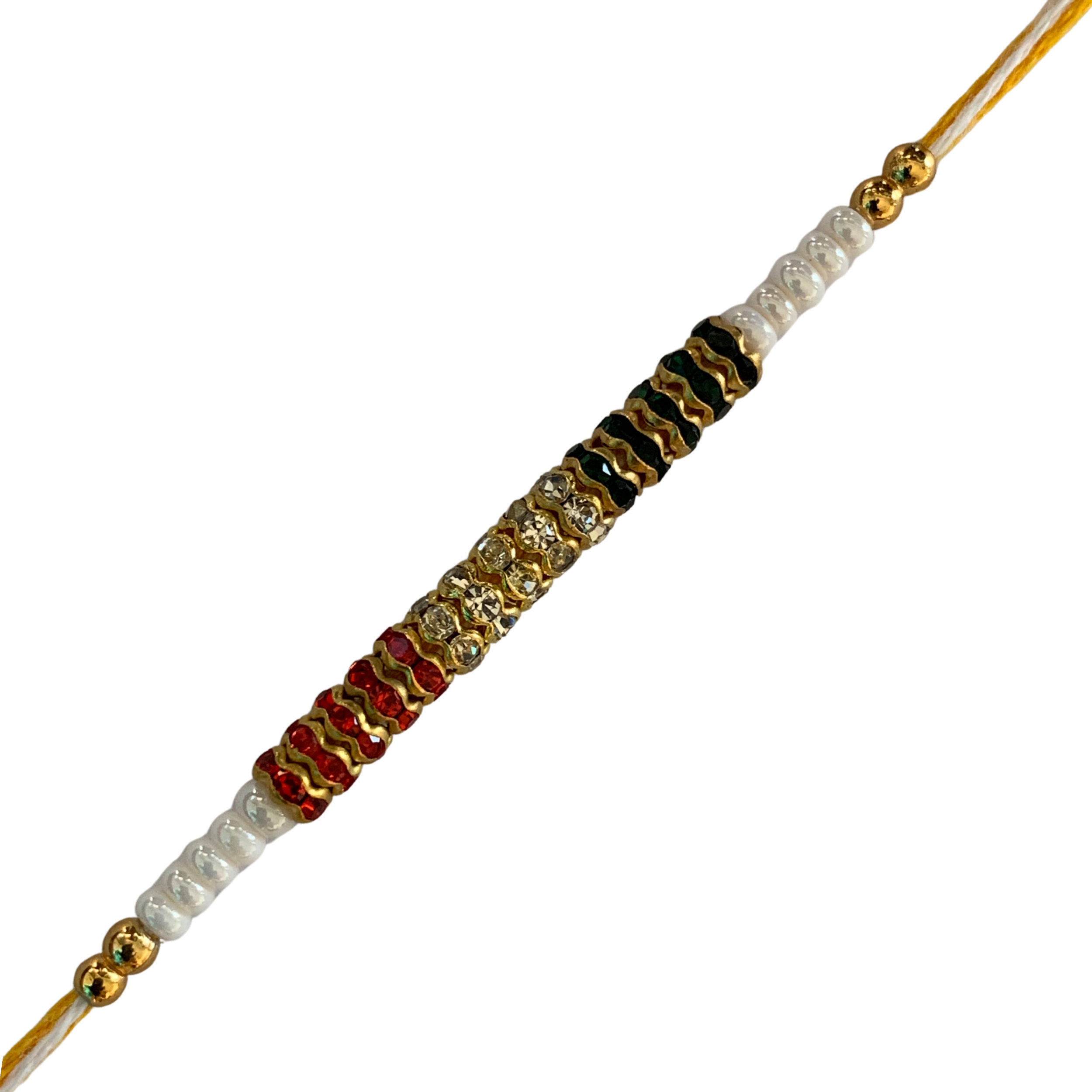 Multicolor Threaded Rakhi with Golden Rings and Yellow Thread
