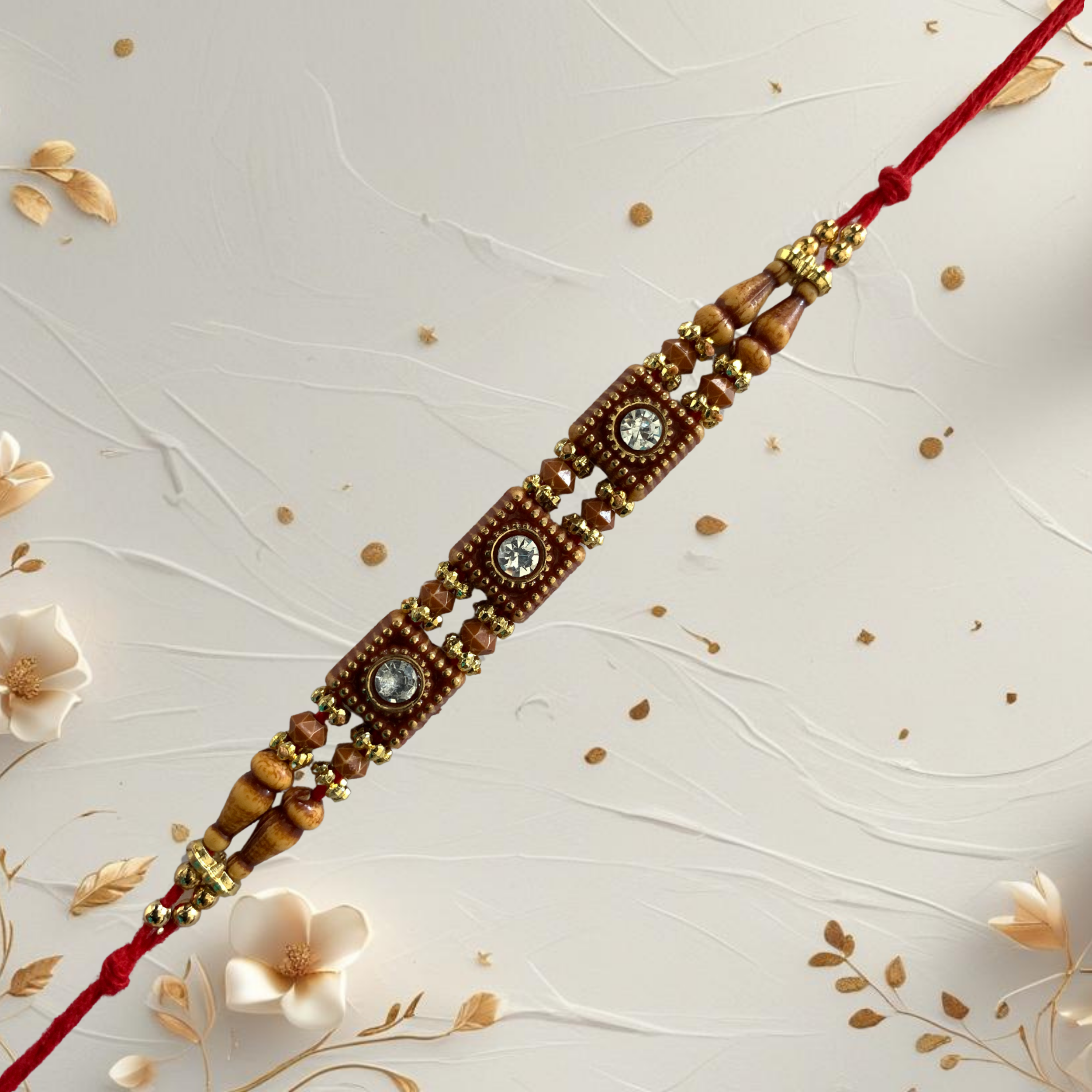 Elegant Wooden Bead Rakhi with Stone Accents