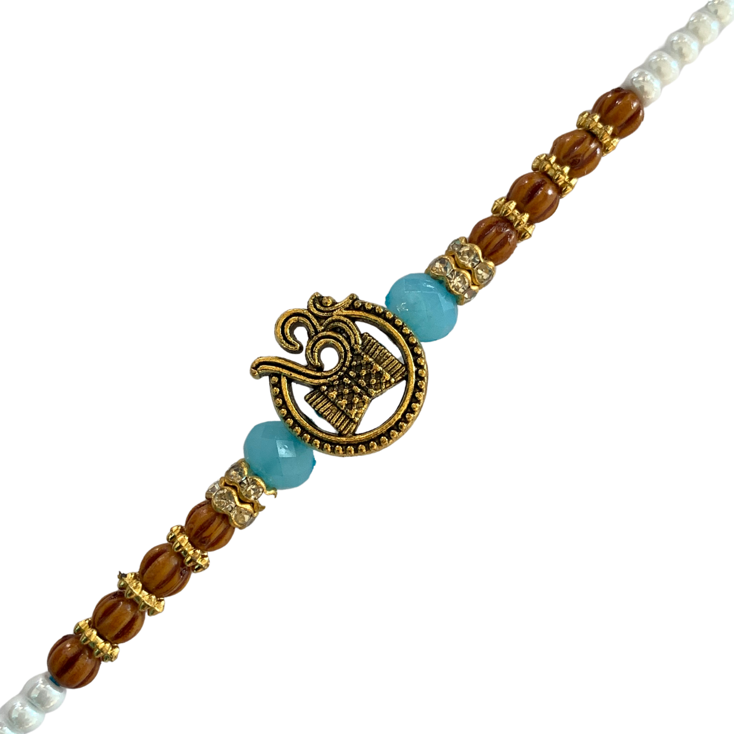 Spiritual Om Rakhi with Wooden & Light Blue Beads