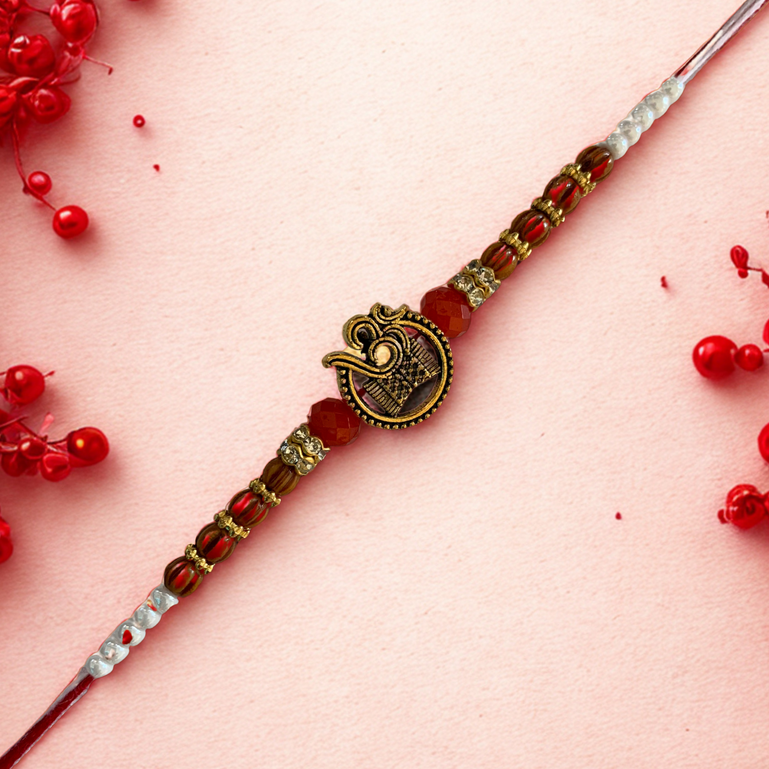 Spiritual Om Rakhi with Wooden & Red Beads