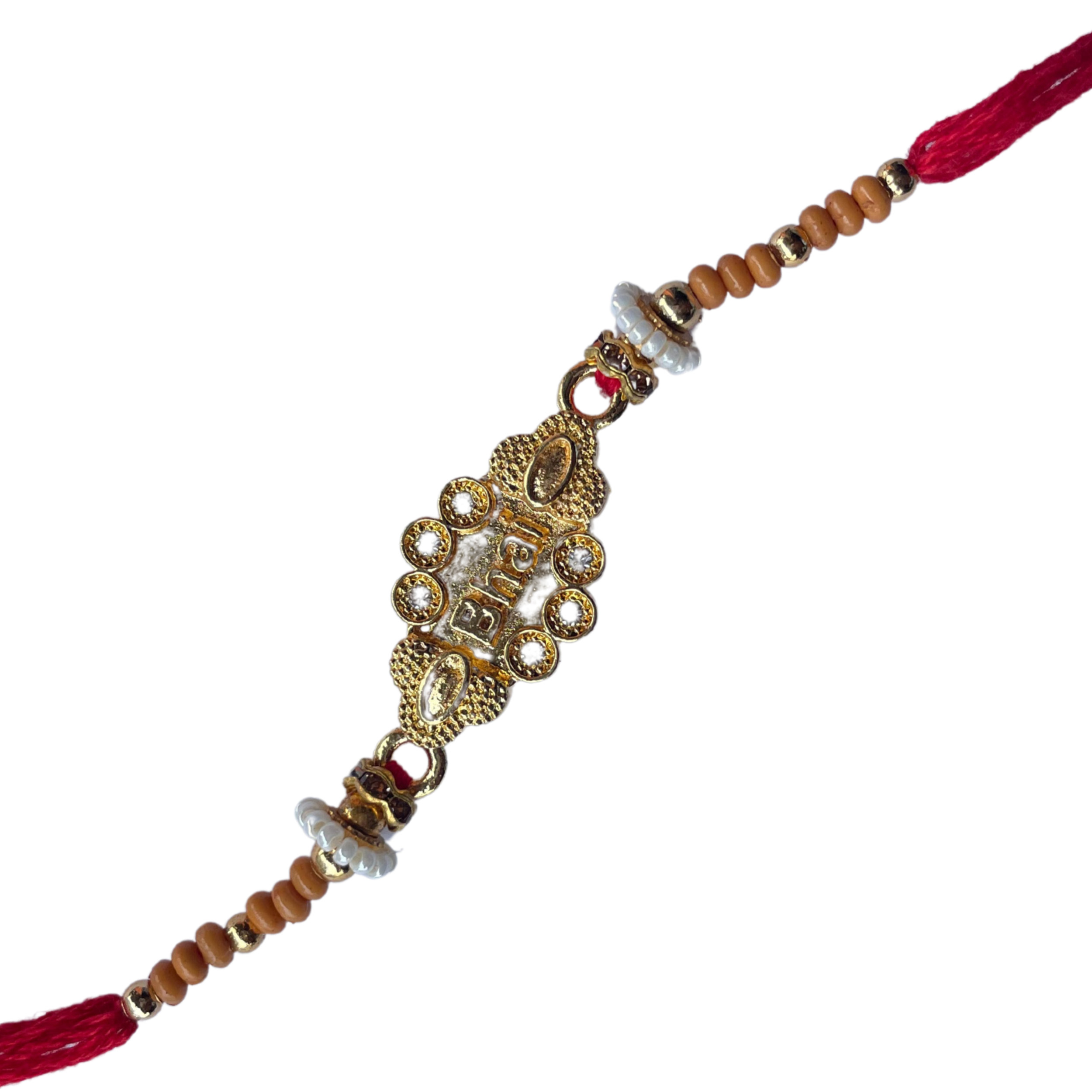 Elegant Rakhi with a golden “Bhai” centerpiece, pearls, and red thread