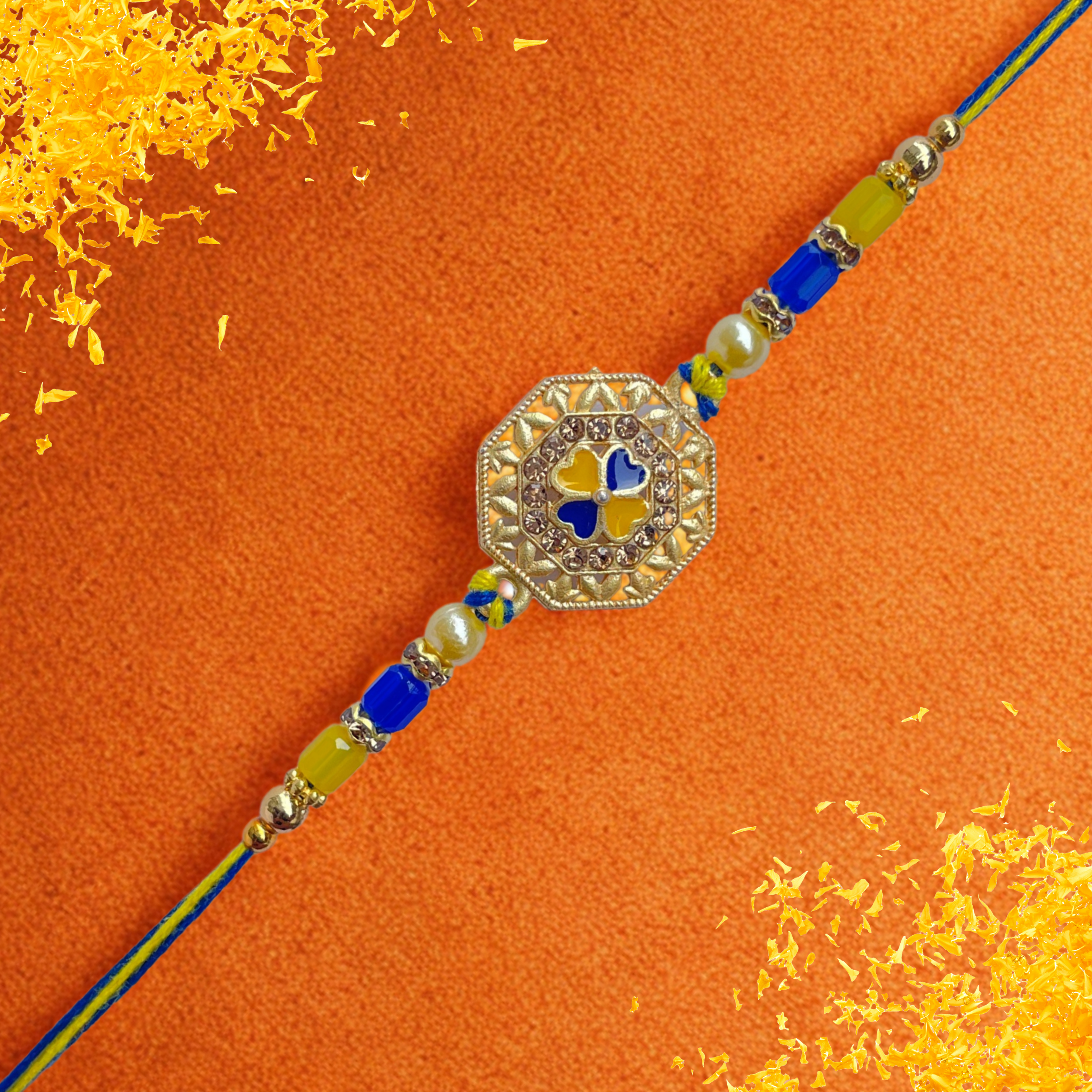 Royal Blue & Gold Octagonal Rakhi with Bead Detailing