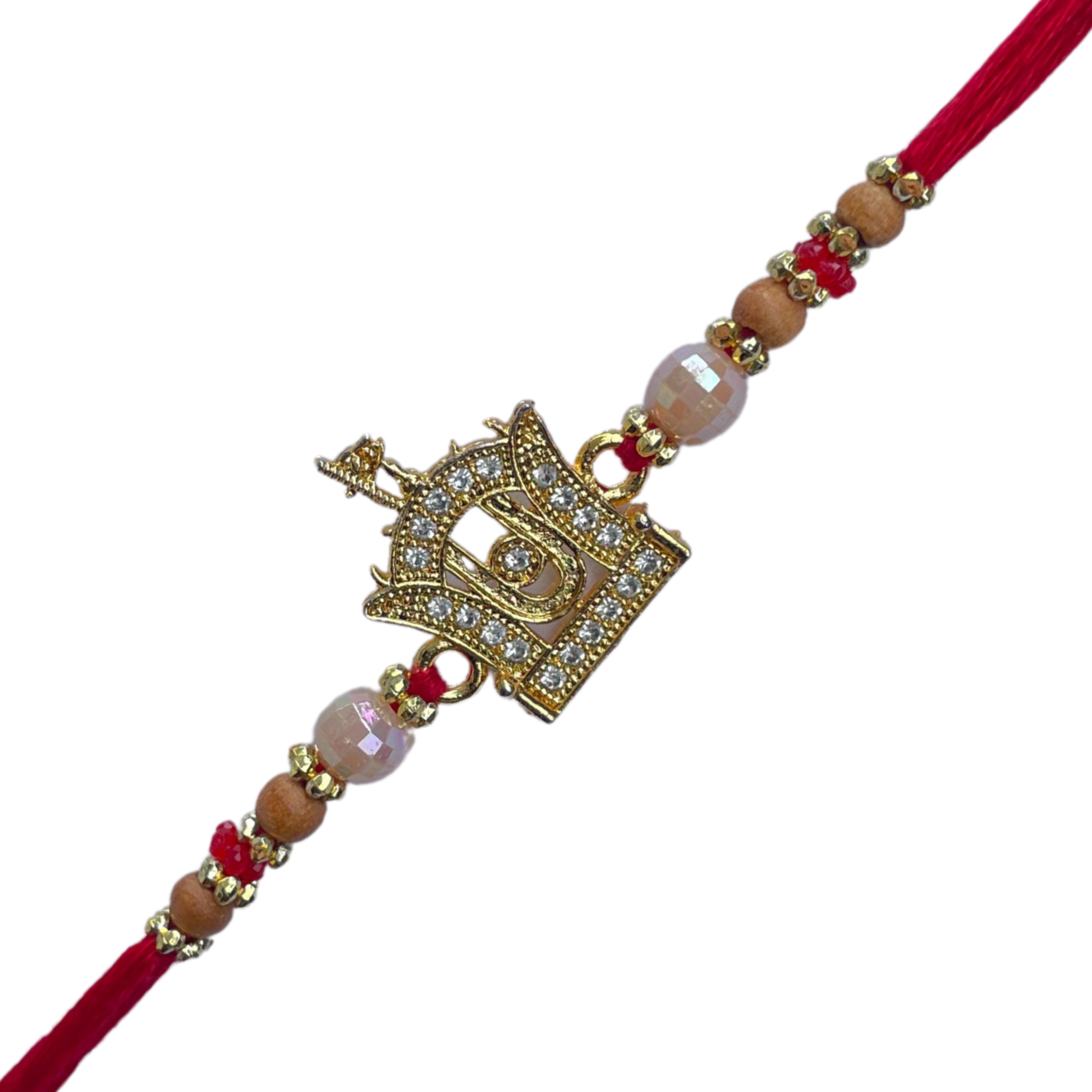Swaminarayan Akshar Deri Motif Golden Rakhi with Red Thread & Beads