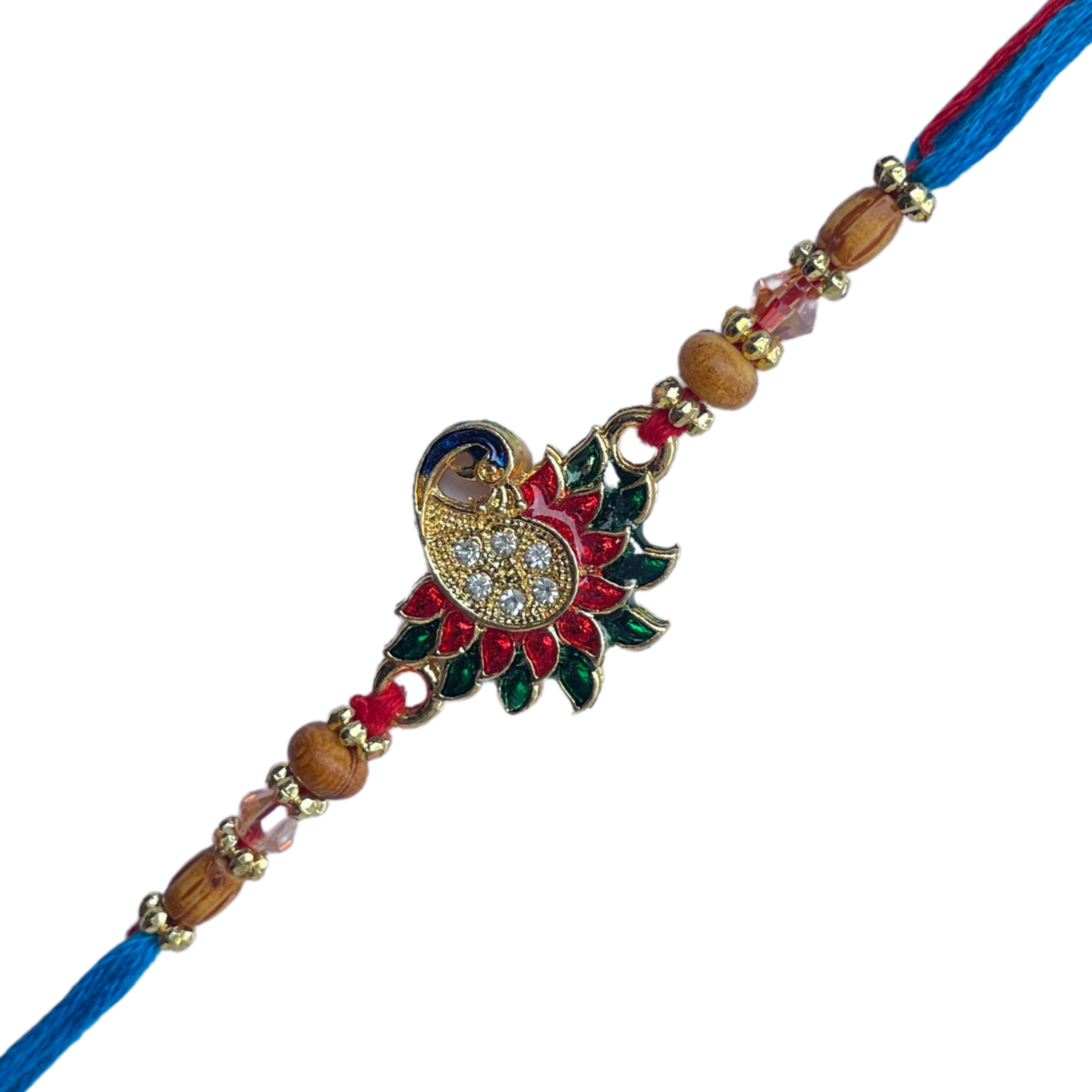 Colorful Peacock Design Rakhi with Blue-Red Thread & Golden Beads