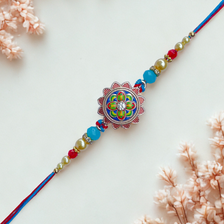 Colorful Mandala Rakhi with Beads & Braided Thread