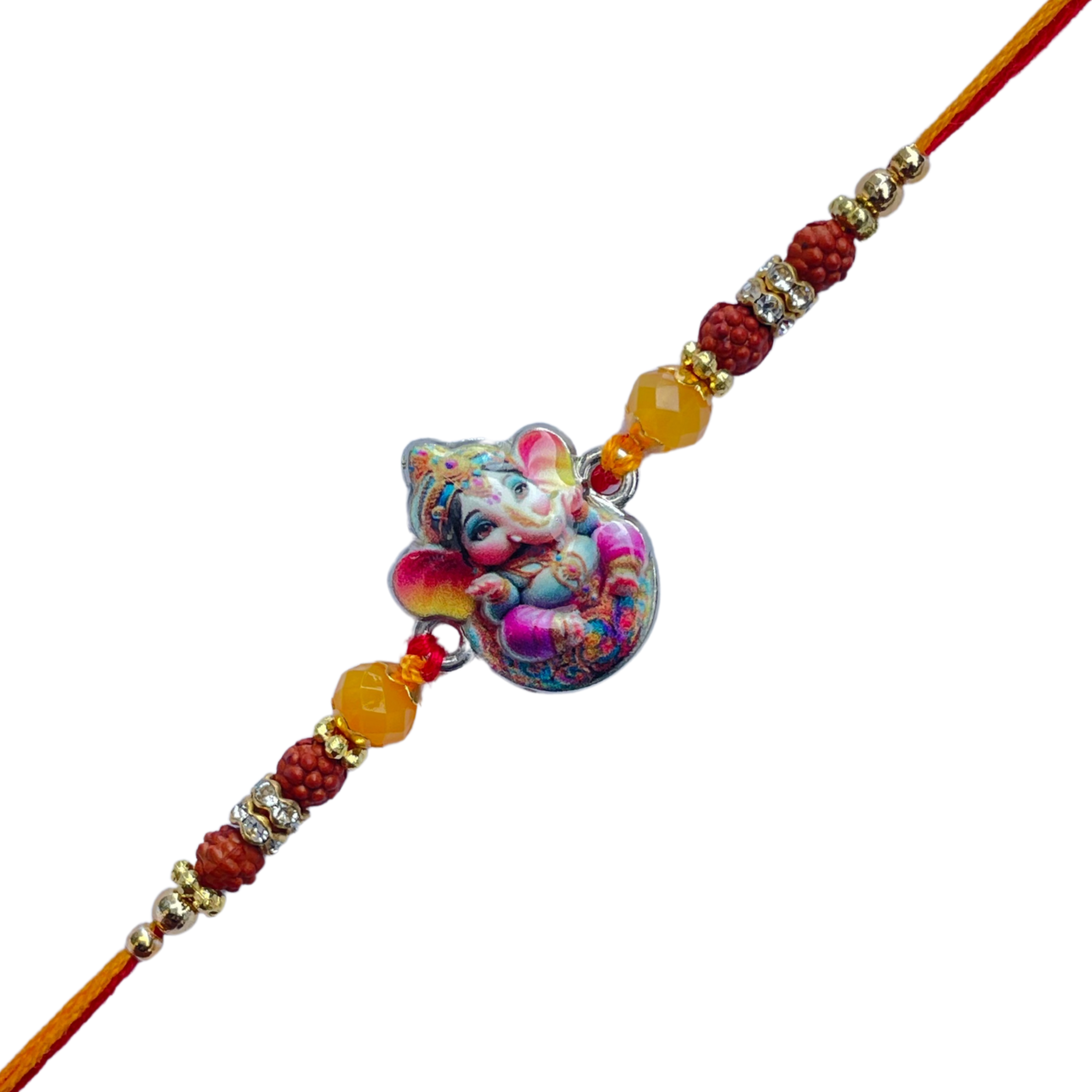Blessed Ganesha Rakhi with Orange Beads & Thread