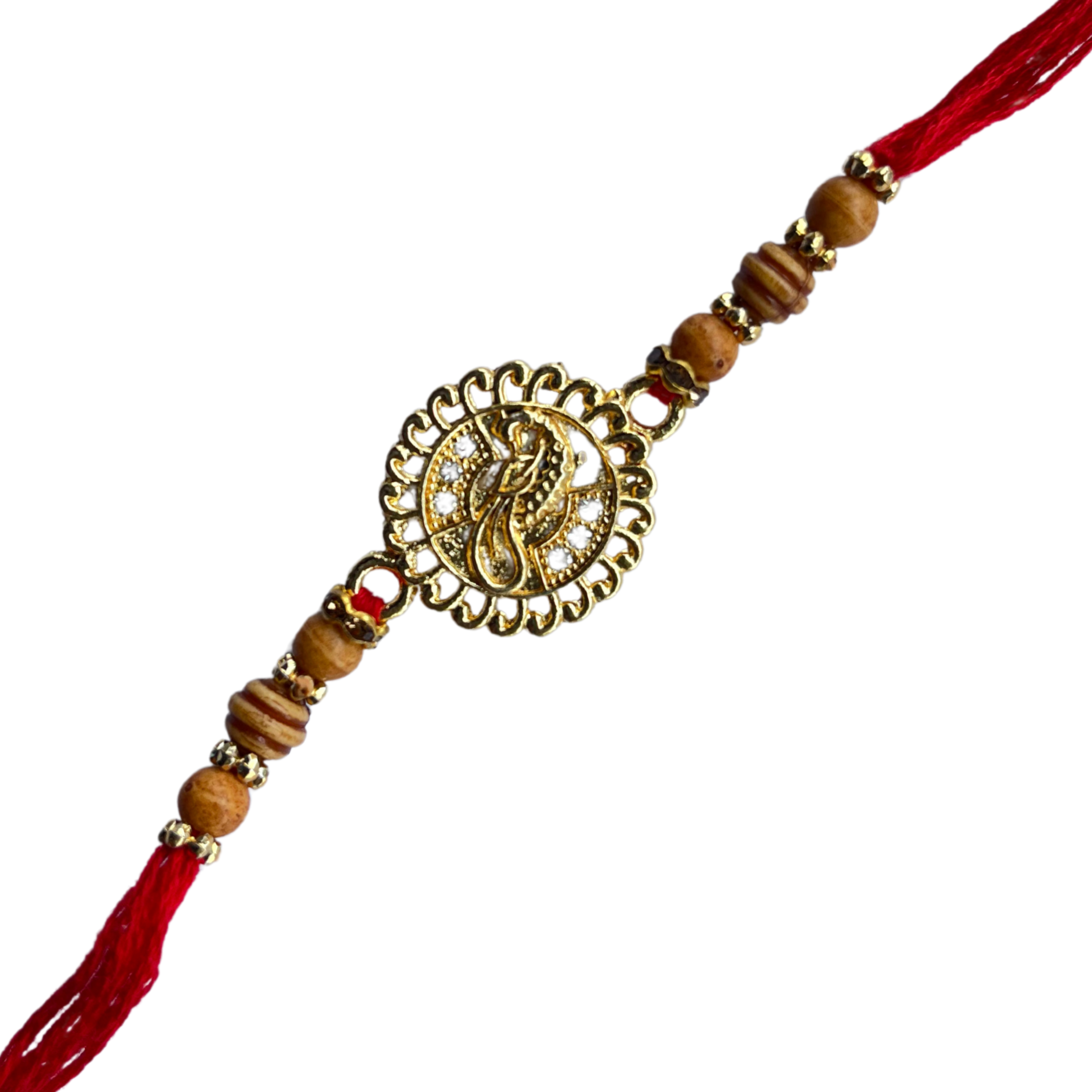 Traditional Golden Rakhi with Wooden Beads & Red Thread