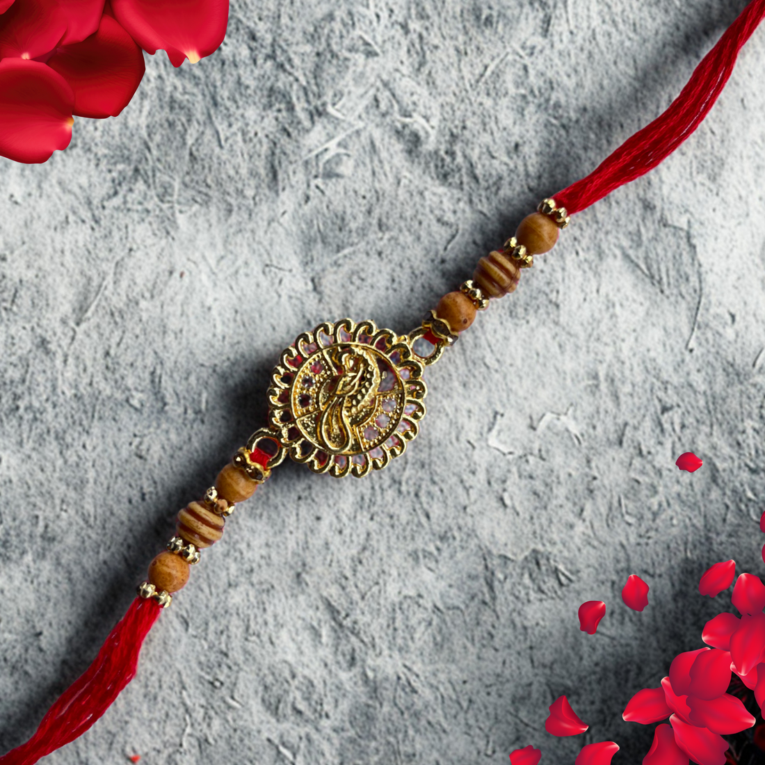 Traditional Golden Rakhi with Wooden Beads & Red Thread