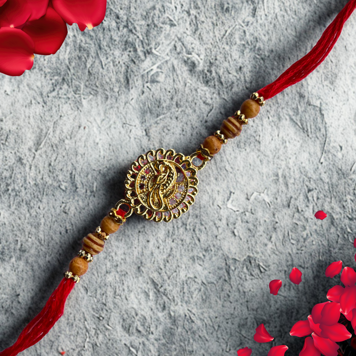 Traditional Golden Rakhi with Wooden Beads & Red Thread