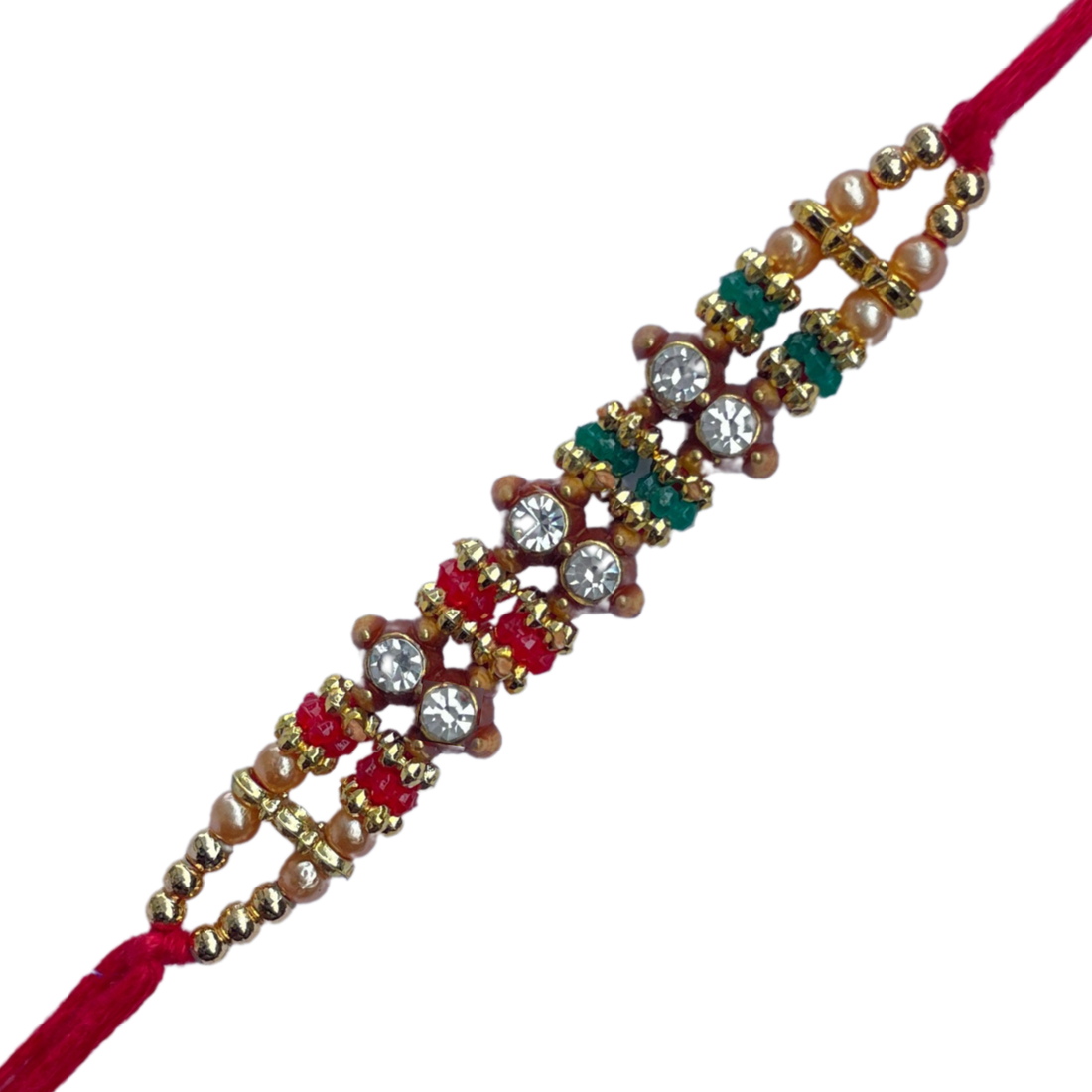 Elegant Beaded Rakhi with Red-Green Accents & Stones