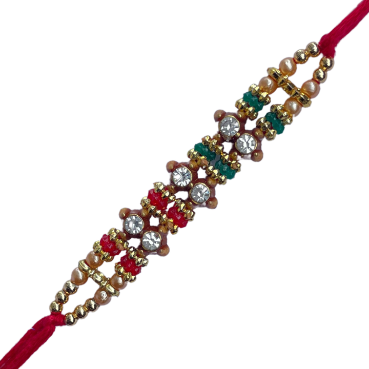 Elegant Beaded Rakhi with Red-Green Accents & Stones
