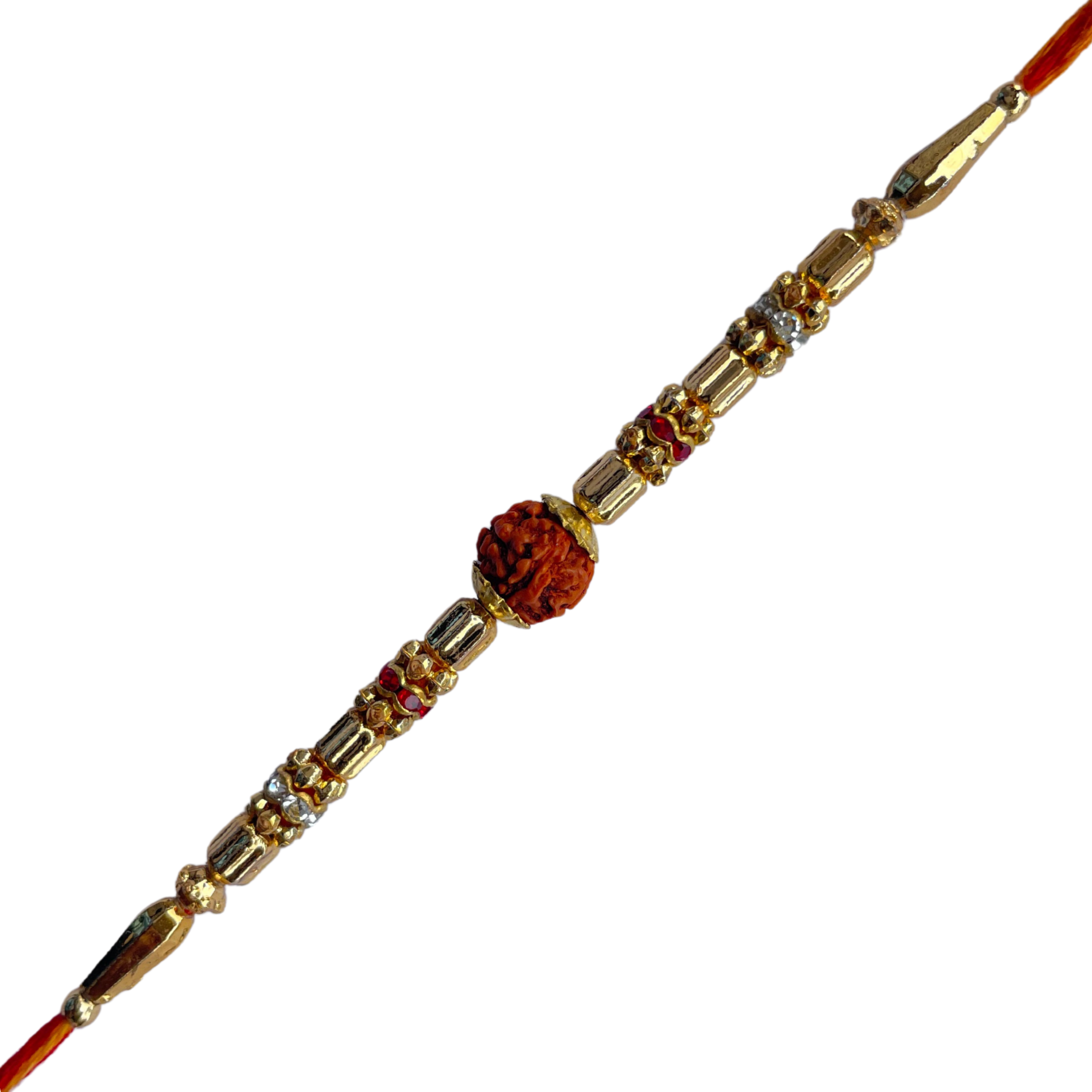 Rudraksha Rakhi with Golden Beads & Sacred Yellow Thread