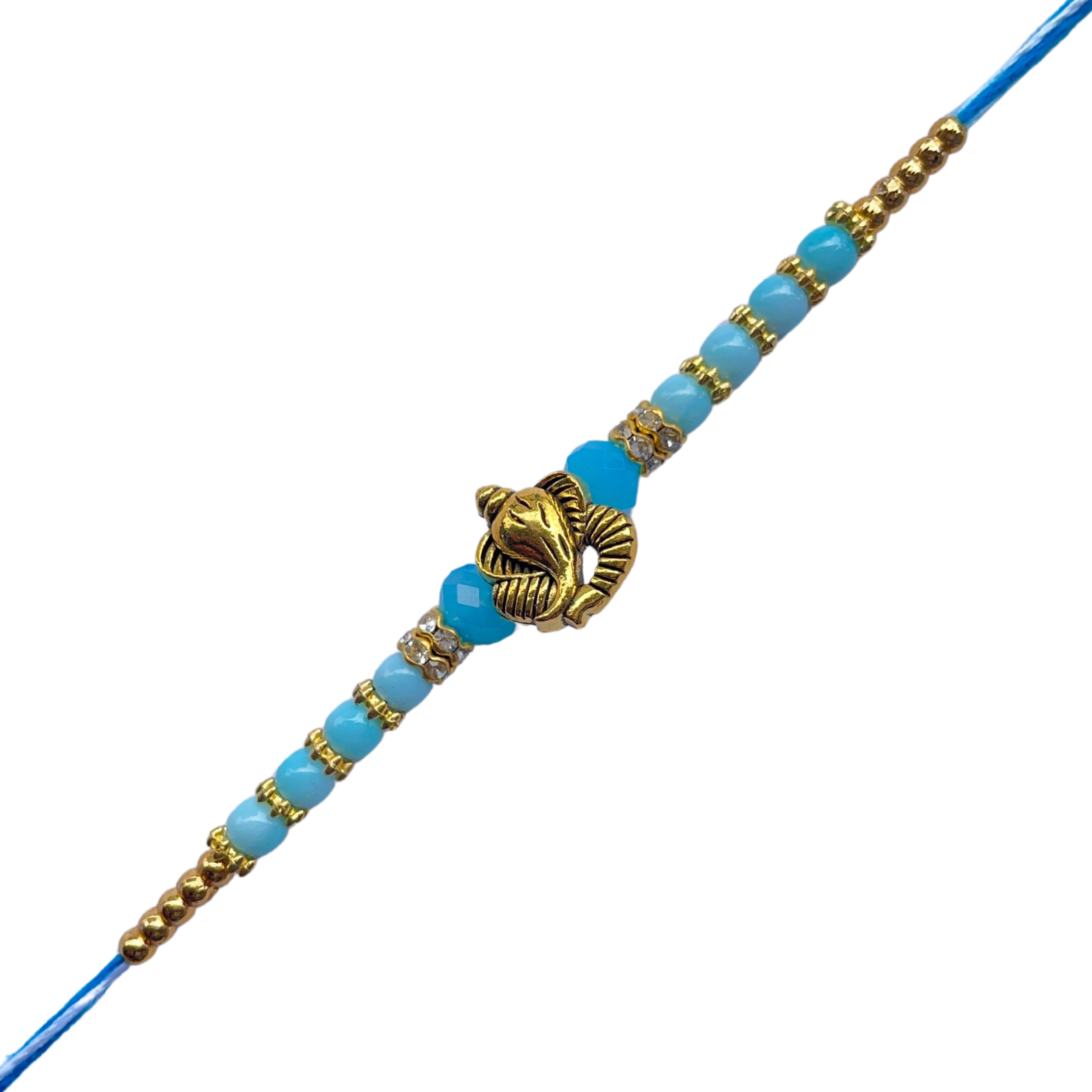 Ganesh Motif Rakhi with Light Blue Beads & Golden Accents