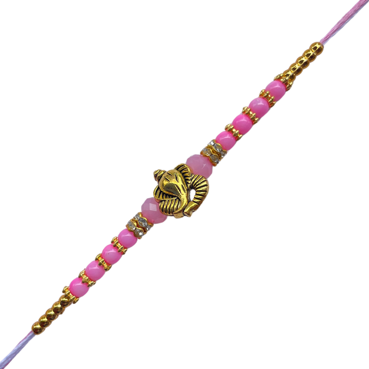 Ganesh Motif Rakhi with Light Pink Beads & Golden Accents