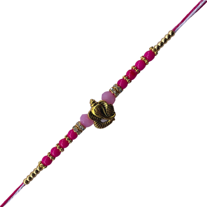 Ganesh Motif Rakhi with Pink Beads & Golden Accents