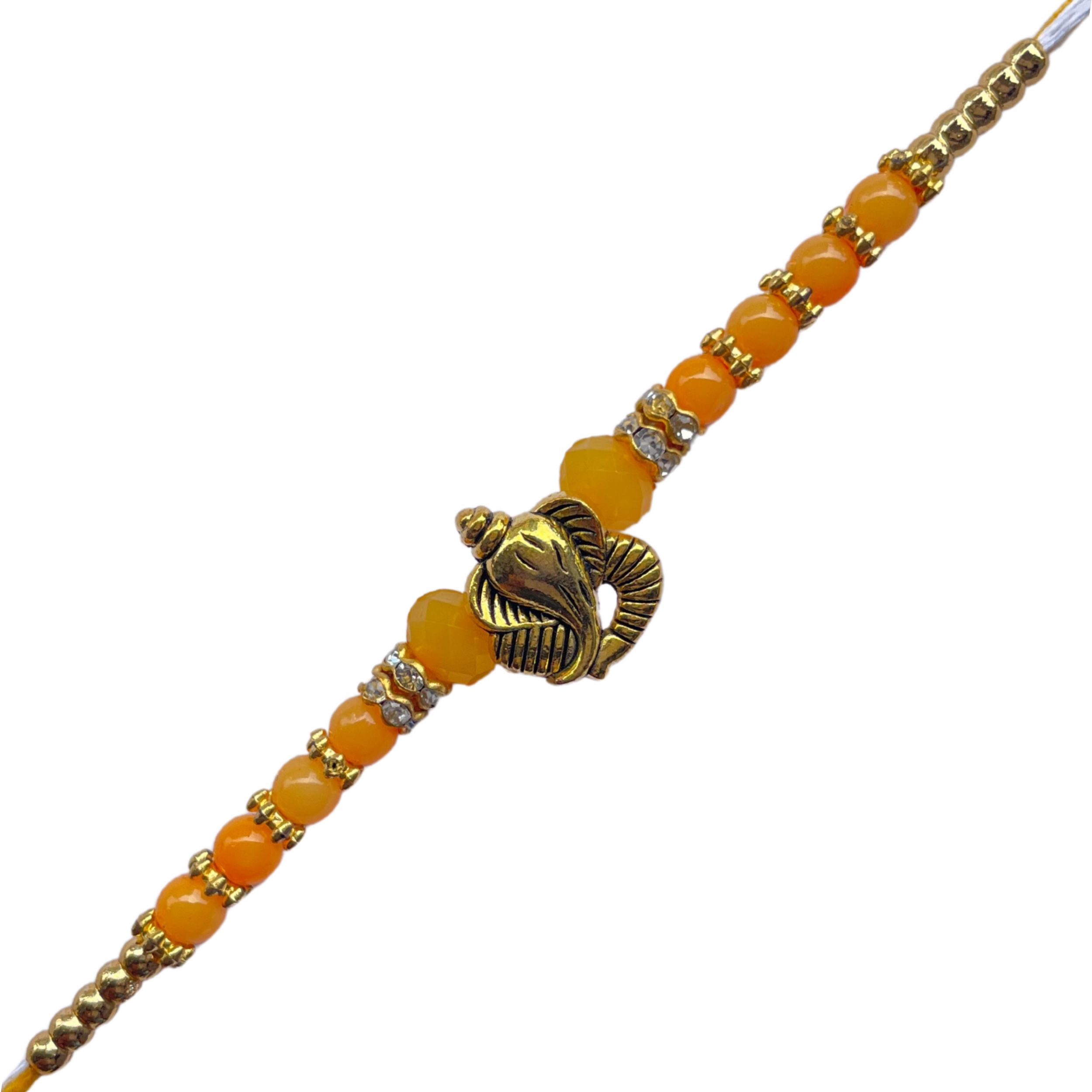 Ganesh Motif Rakhi with Yellow Beads & Golden Accents