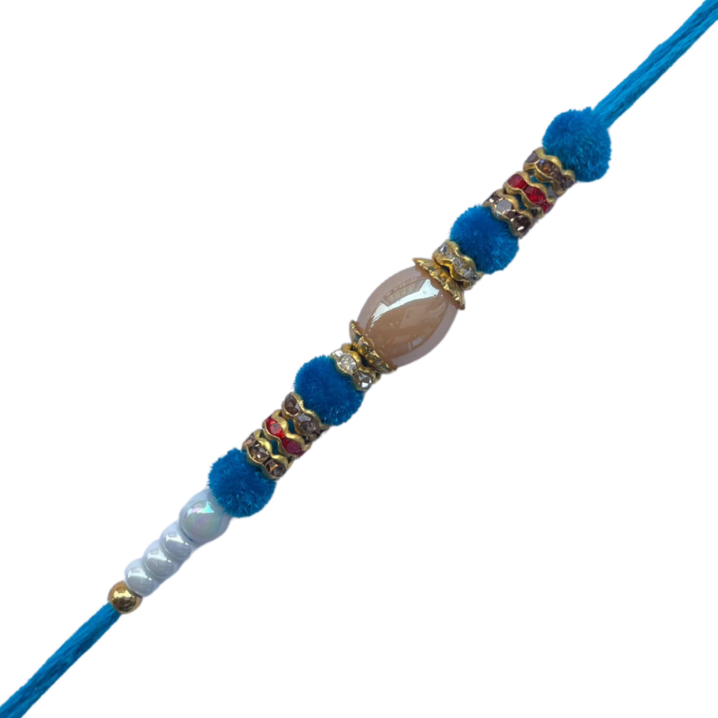 Elegant Light Blue & White Beaded Rakhi with Central Crystal Bead