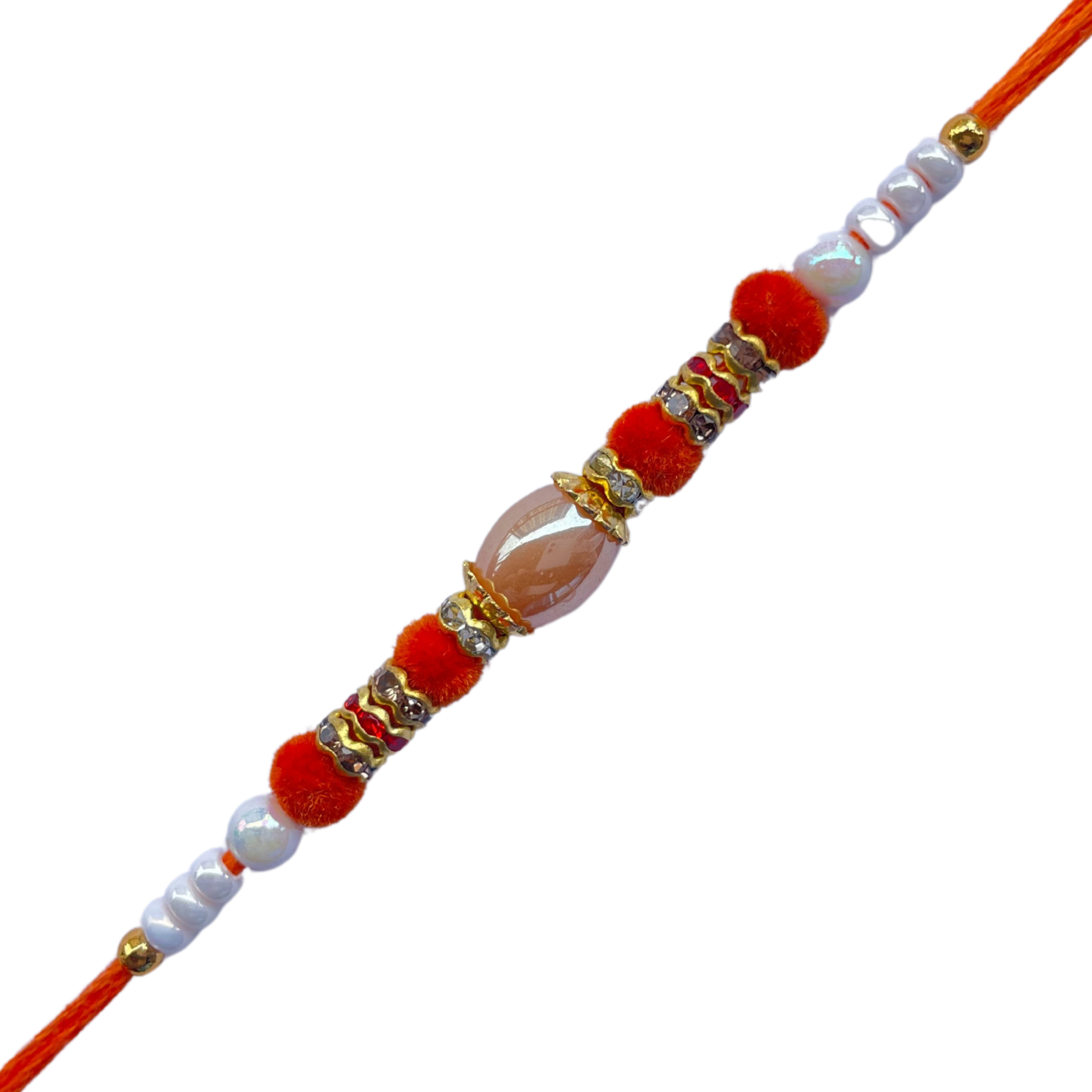Elegant Orange & White Beaded Rakhi with Central Crystal Bead