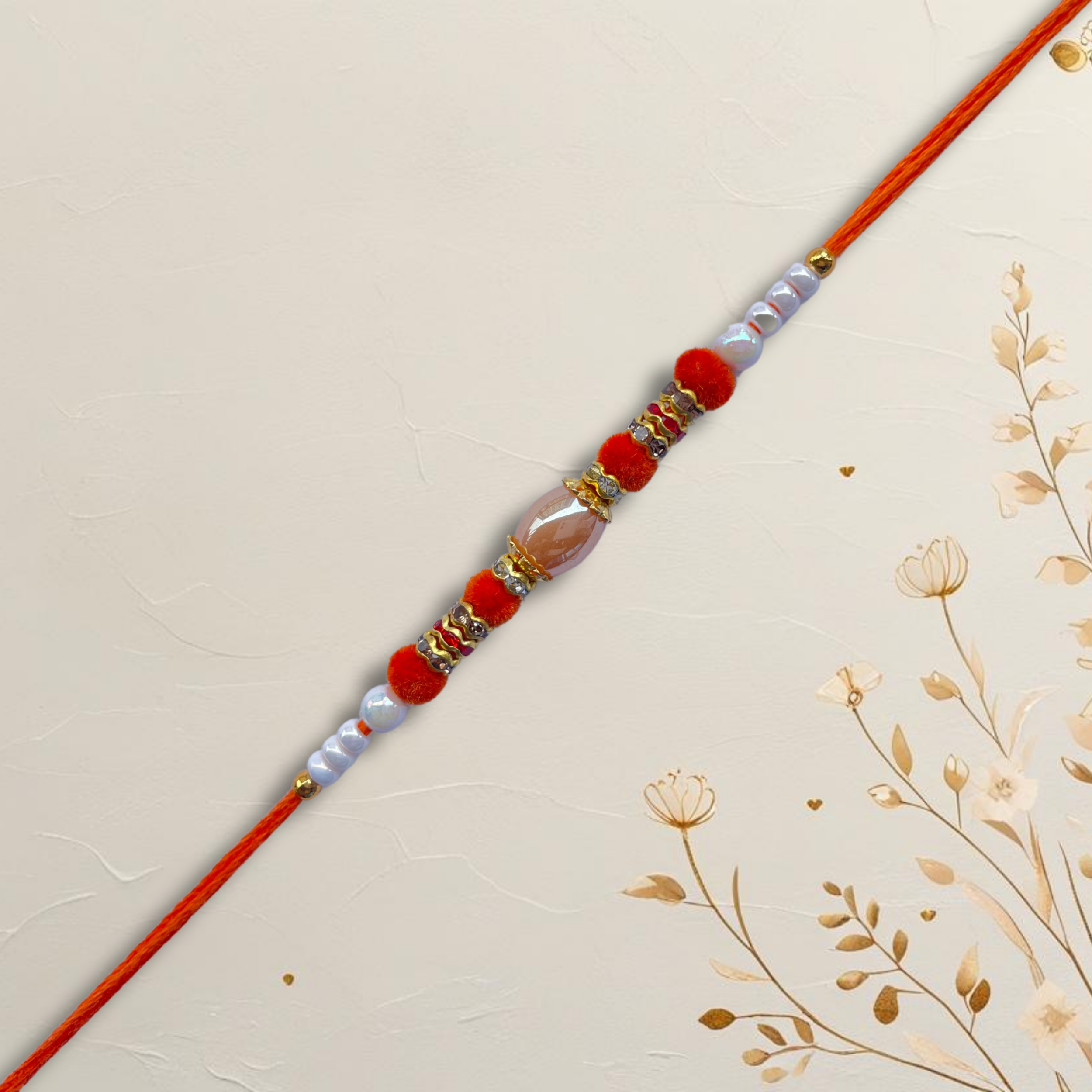 Elegant Orange & White Beaded Rakhi with Central Crystal Bead