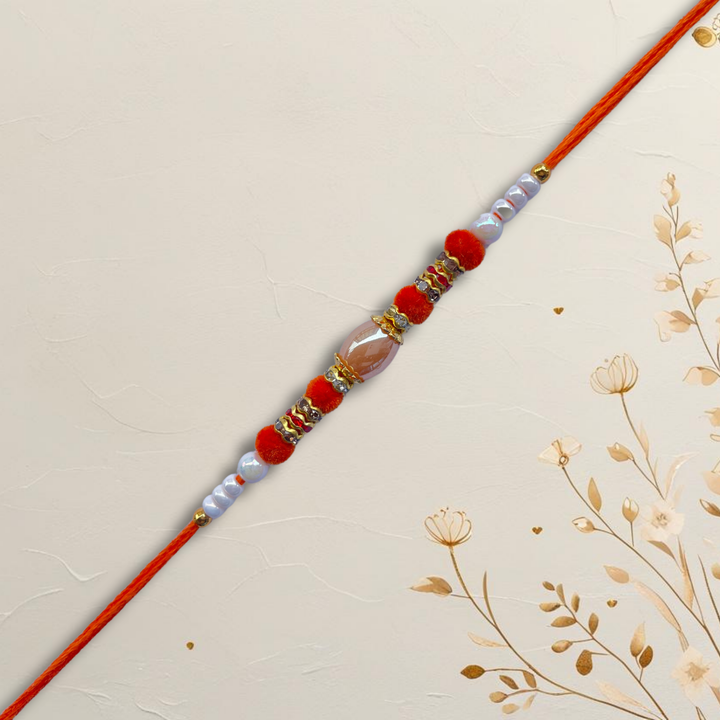 Elegant Orange & White Beaded Rakhi with Central Crystal Bead