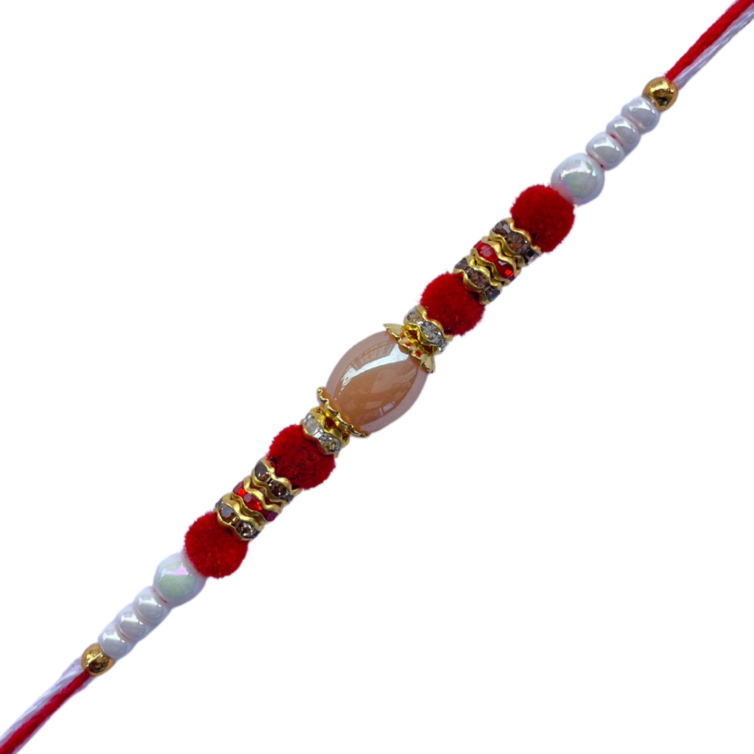 Elegant Red & White Beaded Rakhi with Central Crystal Bead
